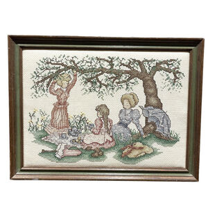 80s Vintage Cross Stitch Embroidery Old Fashioned Picnic, Completed, Framed EUC